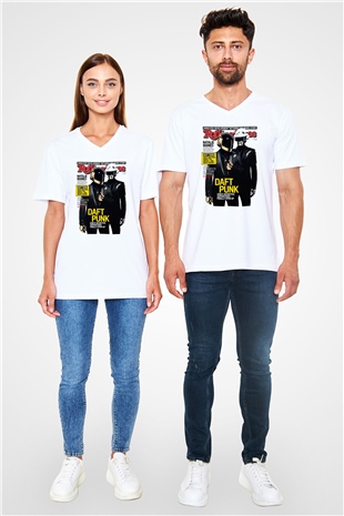 Daft Punk Beyaz Unisex V Yaka Tişört T-Shirt