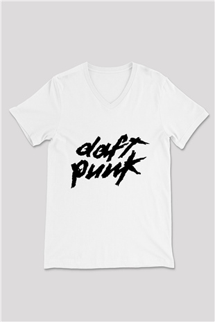 Daft Punk Beyaz Unisex V Yaka Tişört T-Shirt
