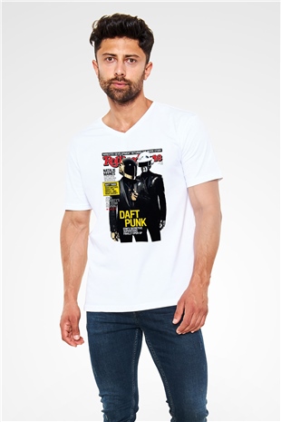 Daft Punk Beyaz Unisex V Yaka Tişört T-Shirt