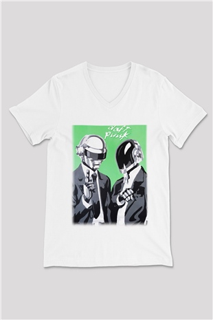 Daft Punk Beyaz Unisex V Yaka Tişört T-Shirt
