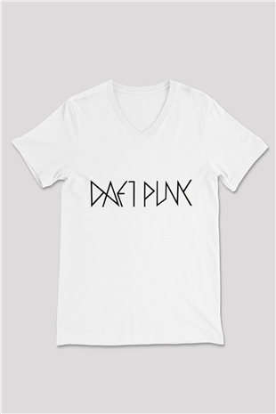 Daft Punk Beyaz Unisex V Yaka Tişört T-Shirt
