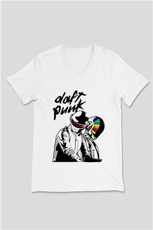 Daft Punk Beyaz Unisex V Yaka Tişört T-Shirt