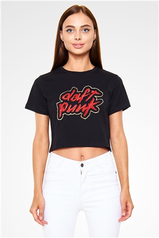 Daft Punk Siyah Crop Top Tişört