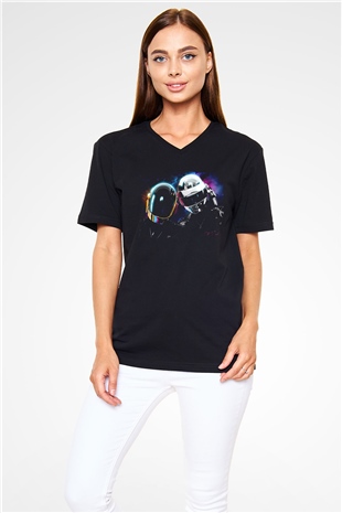 Daft Punk Siyah Unisex V Yaka Tişört