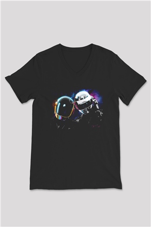 Daft Punk Siyah Unisex V Yaka Tişört