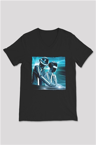 Daft Punk Siyah Unisex V Yaka Tişört