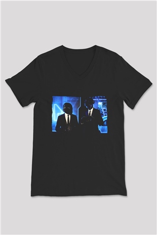 Daft Punk Siyah Unisex V Yaka Tişört