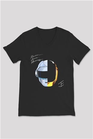 Daft Punk Siyah Unisex V Yaka Tişört