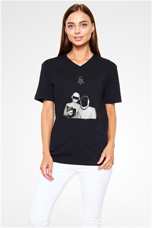 Daft Punk Siyah Unisex V Yaka Tişört