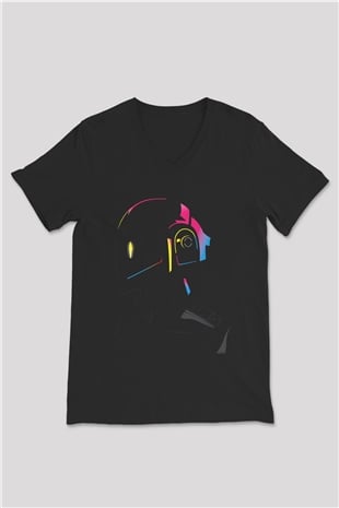 Daft Punk Siyah Unisex V Yaka Tişört