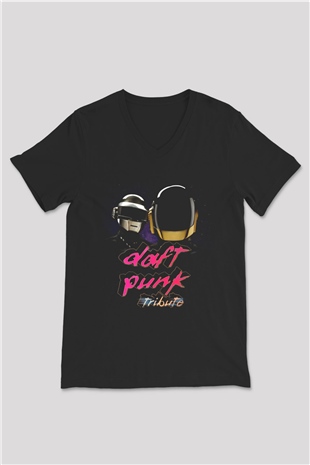 Daft Punk Siyah Unisex V Yaka Tişört