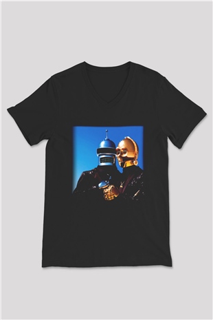 Daft Punk Siyah Unisex V Yaka Tişört T-Shirt