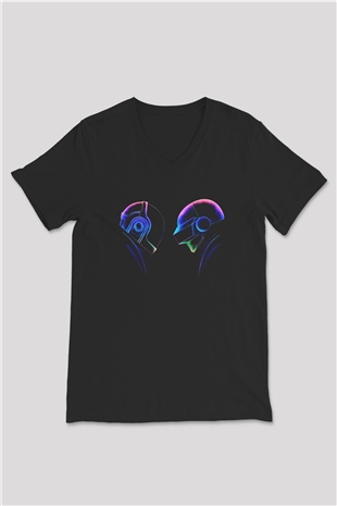 Daft Punk Siyah Unisex V Yaka Tişört T-Shirt