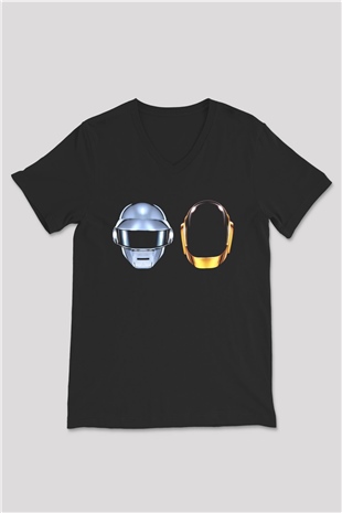 Daft Punk Siyah Unisex V Yaka Tişört T-Shirt