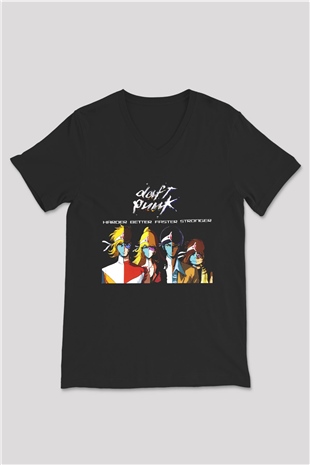 Daft Punk Siyah Unisex V Yaka Tişört T-Shirt