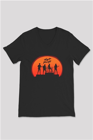 Daft Punk Siyah Unisex V Yaka Tişört T-Shirt