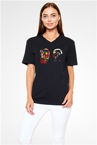 Daft Punk Siyah Unisex V Yaka Tişört T-Shirt