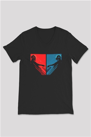 Daft Punk Siyah Unisex V Yaka Tişört T-Shirt