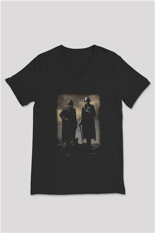 Daft Punk Siyah Unisex V Yaka Tişört T-Shirt