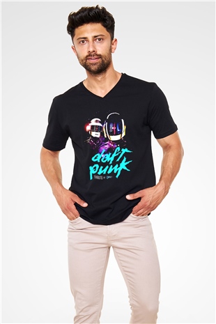 Daft Punk Siyah Unisex V Yaka Tişört T-Shirt