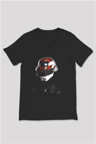 Daft Punk Siyah Unisex V Yaka Tişört T-Shirt