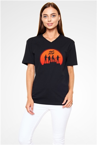 Daft Punk Siyah Unisex V Yaka Tişört T-Shirt