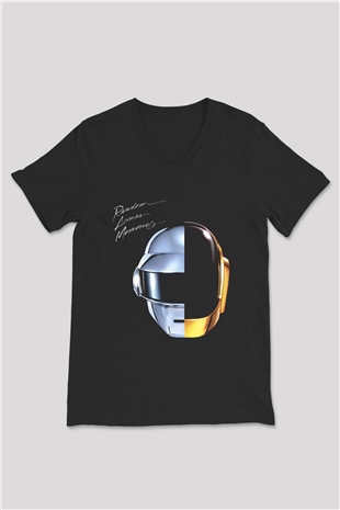 Daft Punk Siyah Unisex V Yaka Tişört T-Shirt