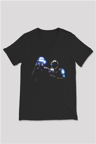 Daft Punk Siyah Unisex V Yaka Tişört T-Shirt