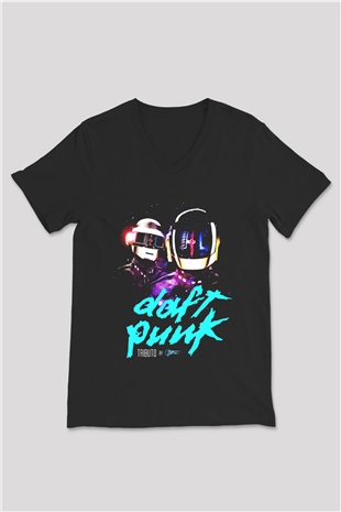 Daft Punk Siyah Unisex V Yaka Tişört T-Shirt