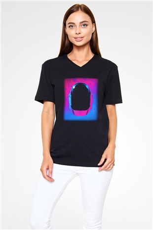Daft Punk Siyah Unisex V Yaka Tişört T-Shirt