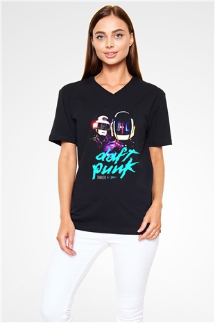 Daft Punk Siyah Unisex V Yaka Tişört T-Shirt