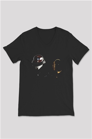 Daft Punk Siyah Unisex V Yaka Tişört T-Shirt