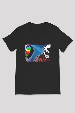 Daft Punk Siyah Unisex V Yaka Tişört T-Shirt