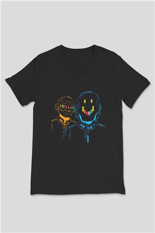 Daft Punk Siyah Unisex V Yaka Tişört T-Shirt