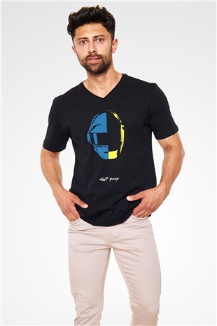 Daft Punk Siyah Unisex V Yaka Tişört T-Shirt