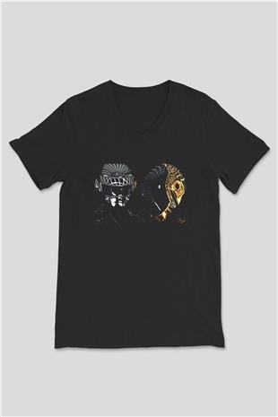 Daft Punk Siyah Unisex V Yaka Tişört T-Shirt