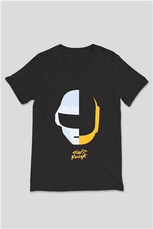 Daft Punk Siyah Unisex V Yaka Tişört T-Shirt