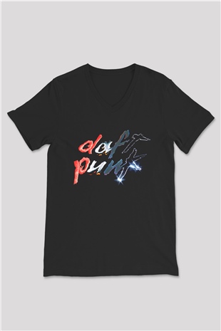 Daft Punk Siyah Unisex V Yaka Tişört T-Shirt