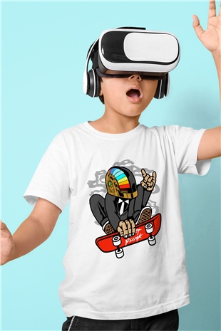 Daftpunk Skater Baskılı Unisex Beyaz Çocuk Tişört