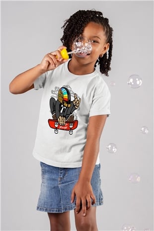 Daftpunk Skater Baskılı Unisex Beyaz Çocuk Tişört