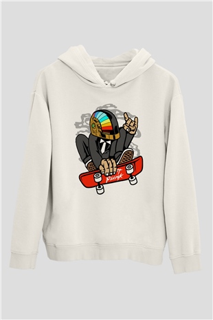 Daftpunk Skater Baskılı Unisex Beyaz Hoodie