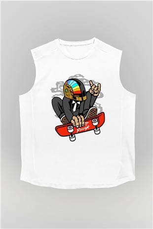 Daftpunk Skater Baskılı Unisex Beyaz Kolsuz Tişört