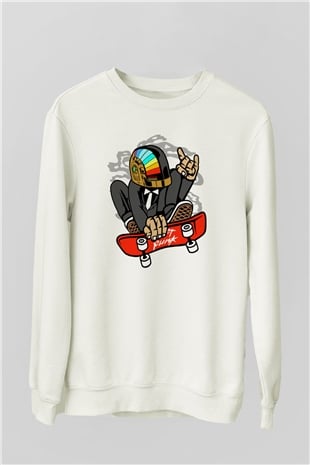 Daftpunk Skater Baskılı Unisex Beyaz Sweatshirt
