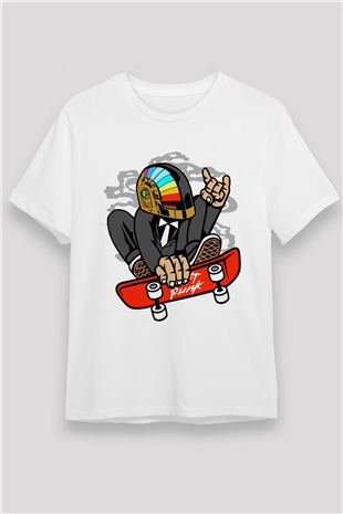 Daftpunk Skater Baskılı Unisex Beyaz Tişört