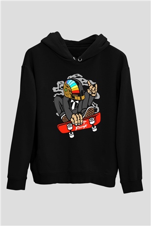 Daftpunk Skater Baskılı Unisex Siyah Hoodie