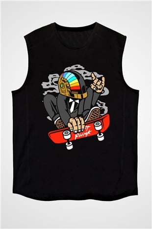 Daftpunk Skater Baskılı Unisex Siyah Kolsuz Tişört