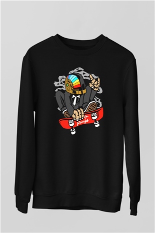 Daftpunk Skater Baskılı Unisex Siyah Sweatshirt