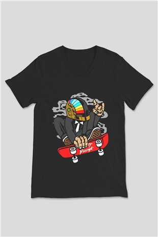 Daftpunk Skater Baskılı Unisex Siyah V Yaka Tişört