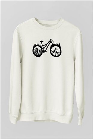 Dağ Bisikleti Baskılı Unisex Beyaz  Sweatshirt