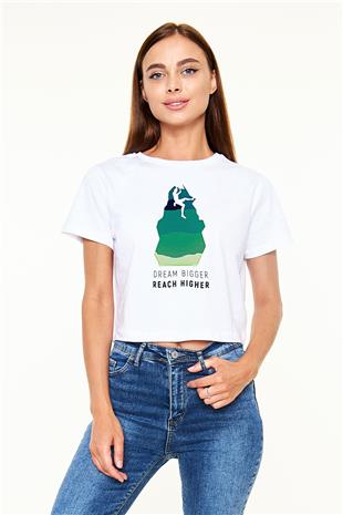 Dağcılık Baskılı Crop Top Beyaz Tişört - T-shirt